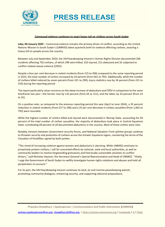 Press Release: Communal Violence Continues to Exact a Heavy Toll on Civilians Across South Sudan